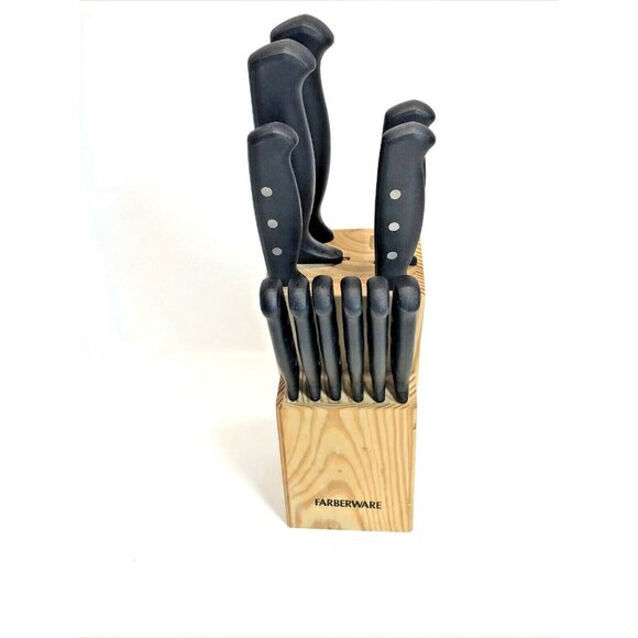 Farberware 11-Piece Knife Set Black Handles With 3 Rivets and Natural Wood Block - Picture 1 of 12